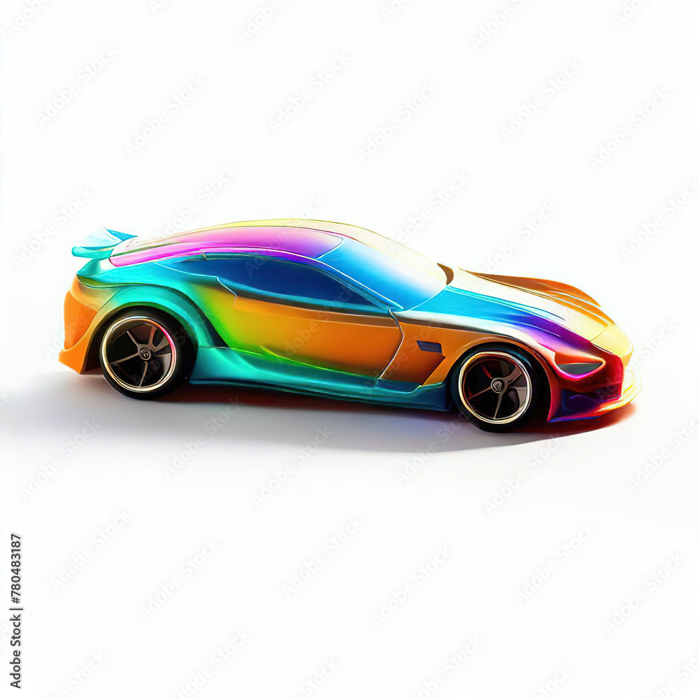 Naklejka premium a classic sport car with bright colors on a white background. shiny automobile with rainbow colors. 3d illustration made with generative AI technology 