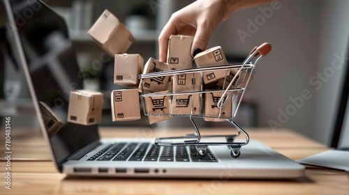 Concetto di shopping online con un carrello pieno di scatole sopra un computer portatile  photo