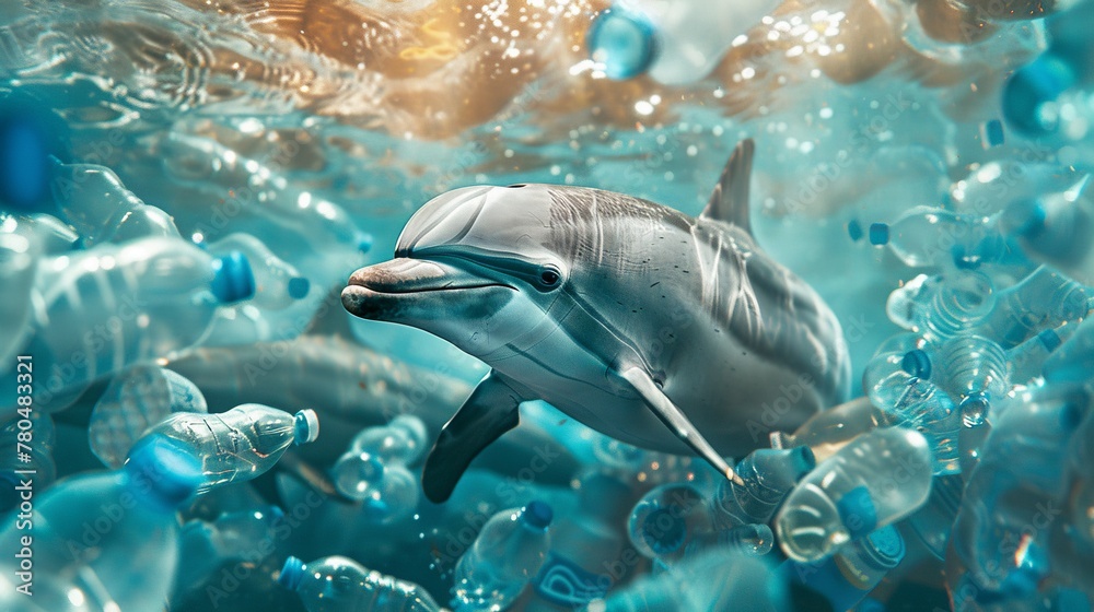 Delfino nuota in acque inquinate da bottiglie di plastica, simbolo dell ...