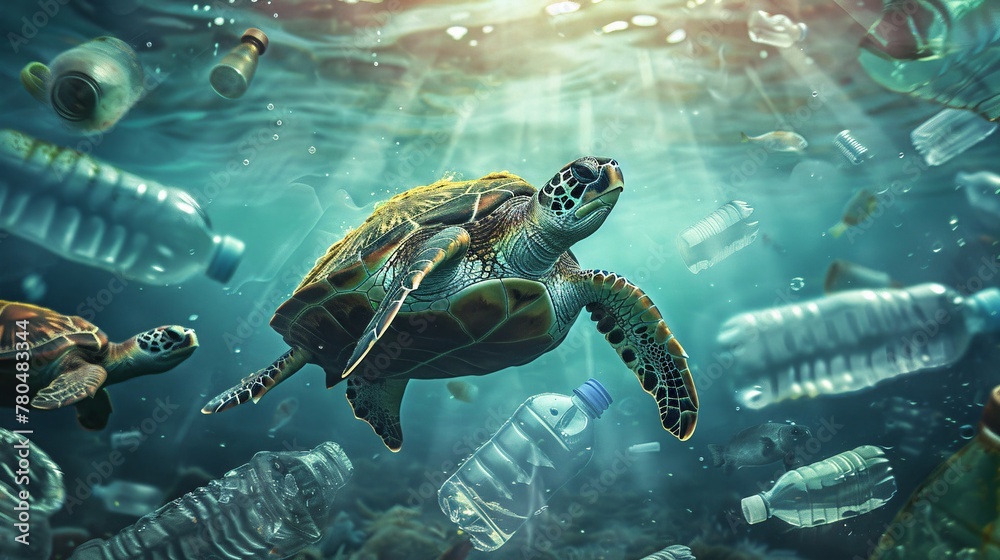 Obraz premium Tartaruga nuota nel mare inquinato da bottiglie di plastica