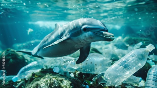 Delfino nuota in acque inquinate da bottiglie di plastica, indicatore dell' inquinamento ambientale 