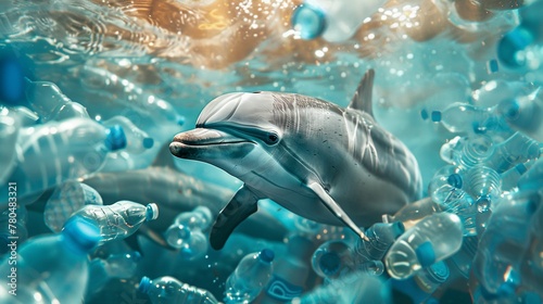 Delfino nuota in acque inquinate da bottiglie di plastica, simbolo dell' inquinamento ambientale photo