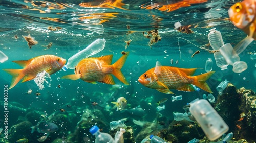 Pesci rossi nuotano in acque inquinate da bottiglie di plastica, simbolo dell' inquinamento ambientale photo