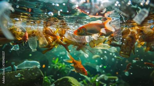 Pesci rossi nuotano in acque inquinate da bottiglie di plastica, simbolo dell' inquinamento ambientale photo