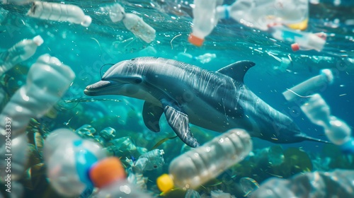 Delfino nuota in acque inquinate da bottiglie di plastica,, segnale di inquinamento ambientale photo