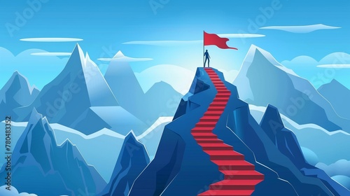 Persona che,  in cima ad una scalinata sulla montagna, ha raggiunto la bandiera, simbolo dell'obiettivo conseguito. photo
