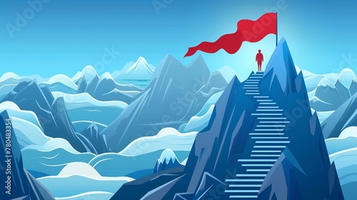 Persona che, in cima ad una scalinata sulla montagna, ha raggiunto la bandiera, simbolo dell'obiettivo conseguito.
