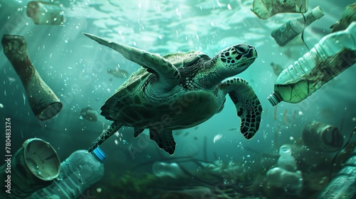 Tartaruga nuota in acque inquinate da bottiglie di plastica, segnale dell'inquinamento ambientale