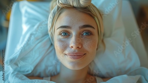 Donna sorridente occhi azzurri ricoverata in day ospital photo
