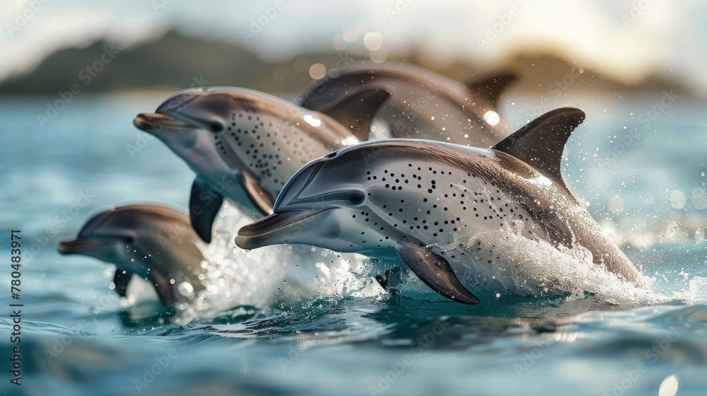 Obraz premium A spotted dolphin family leaping out of the clear blue Hawaii waters.