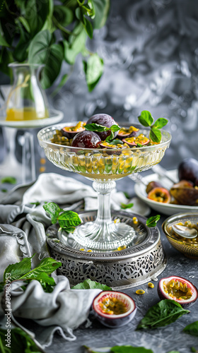 A beautifully presented fruit salad with passion fruit in an ornate crystal bowl, surrounded by fresh ingredients and elegant decor. Stories template, phone background