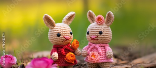 Two small handcrafted crochet toys - mini bunnies.
