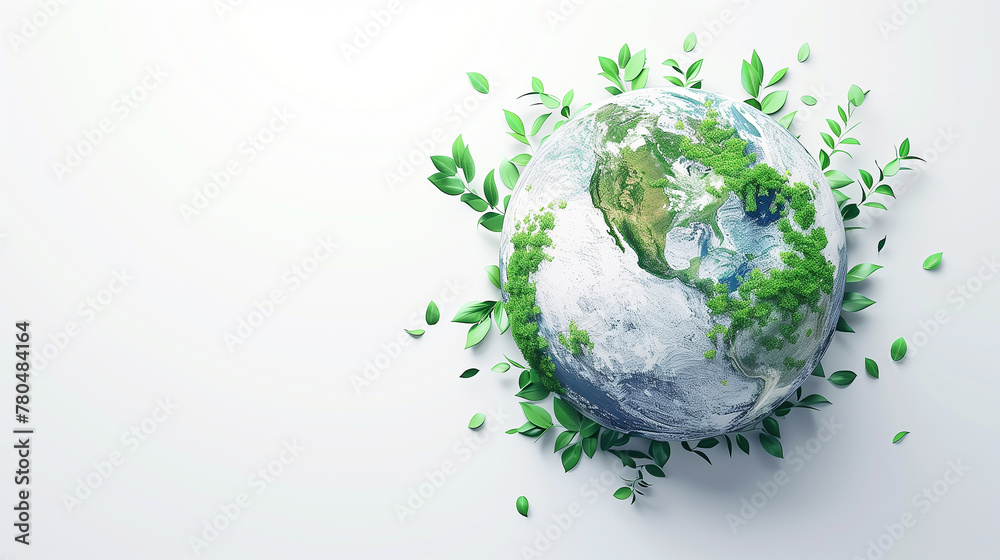 Green planet with leaves on it The planet is surrounded by a white background.