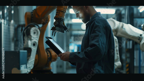 The person holding a tablet in front of a robot The robot is blue and white. The person is looking at a tablet with a design on it. The scene is intense and serious.