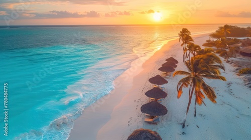 Aerial view of umbrellas, palms on the sandy beach of Ocean at sunset
