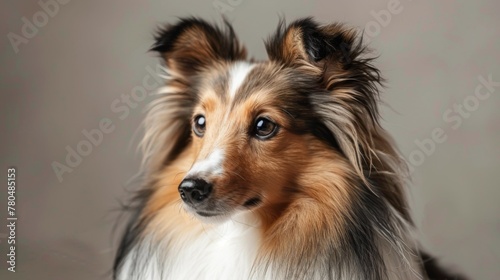 Portrait of a Shetland Sheepdog with furry coat and cute eyes in a studio setting
