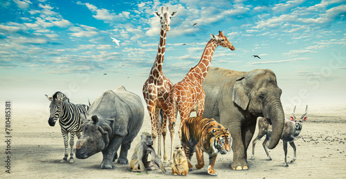 Large group of African safari animals together composited in a scene of the ground