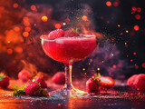 Cold summer strawberry cocktail with lime and mint ( mojito, margarita, rossini,daiquiri ) in a martini glasses on a dark slate, stone or concrete background..