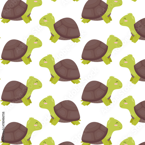 Pattern with a land turtle on a transparent background. Cute turtle in flat style. Seamless pattern for textile, wrapping paper, background.