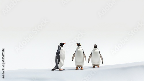 Isolated gentoo penguins against a white backdrop .