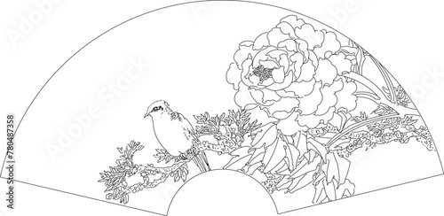 Vector sketch illustration of fan drawing design with traditional Chinese ethnic detailed bird painting