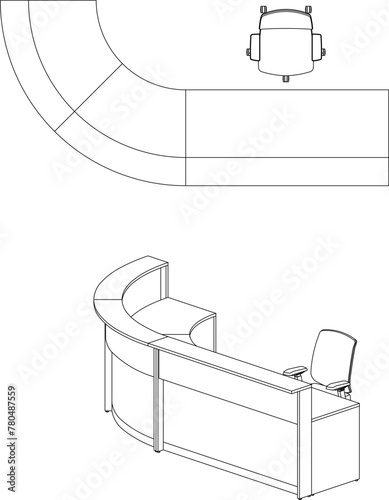 Vector sketch illustration design drawing of receptionist teller desk furniture in bank office