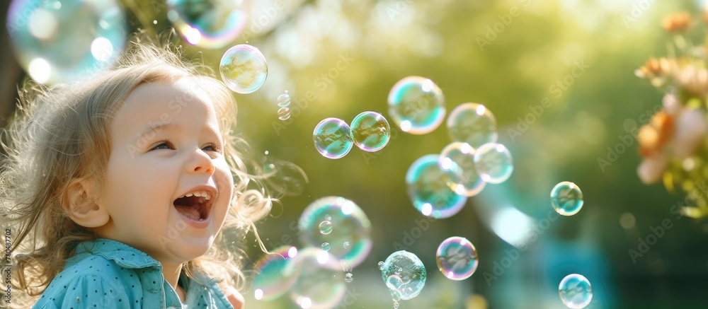 Joyful young child in cozy attire engaging in bubble play outside during spring season. Outdoor activities for children in spring or autumn.