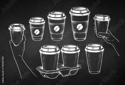 Vector chalk drawn sketchy illustrations collection of takeaway coffee and hands holding disposable paper cups on chalkboard background