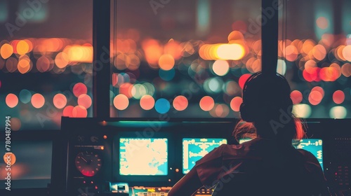 Female air traffic controller managing flights in a control tower. In the control tower, a dedicated air traffic controller works tirelessly to ensure the safety and efficiency of flights.