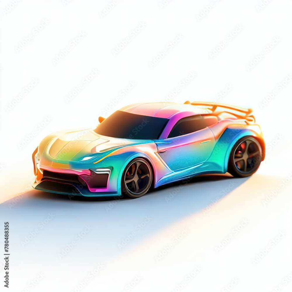 Fototapeta premium a classic sport car with bright colors on a white background. shiny automobile with rainbow colors. 3d illustration made with generative AI technology 