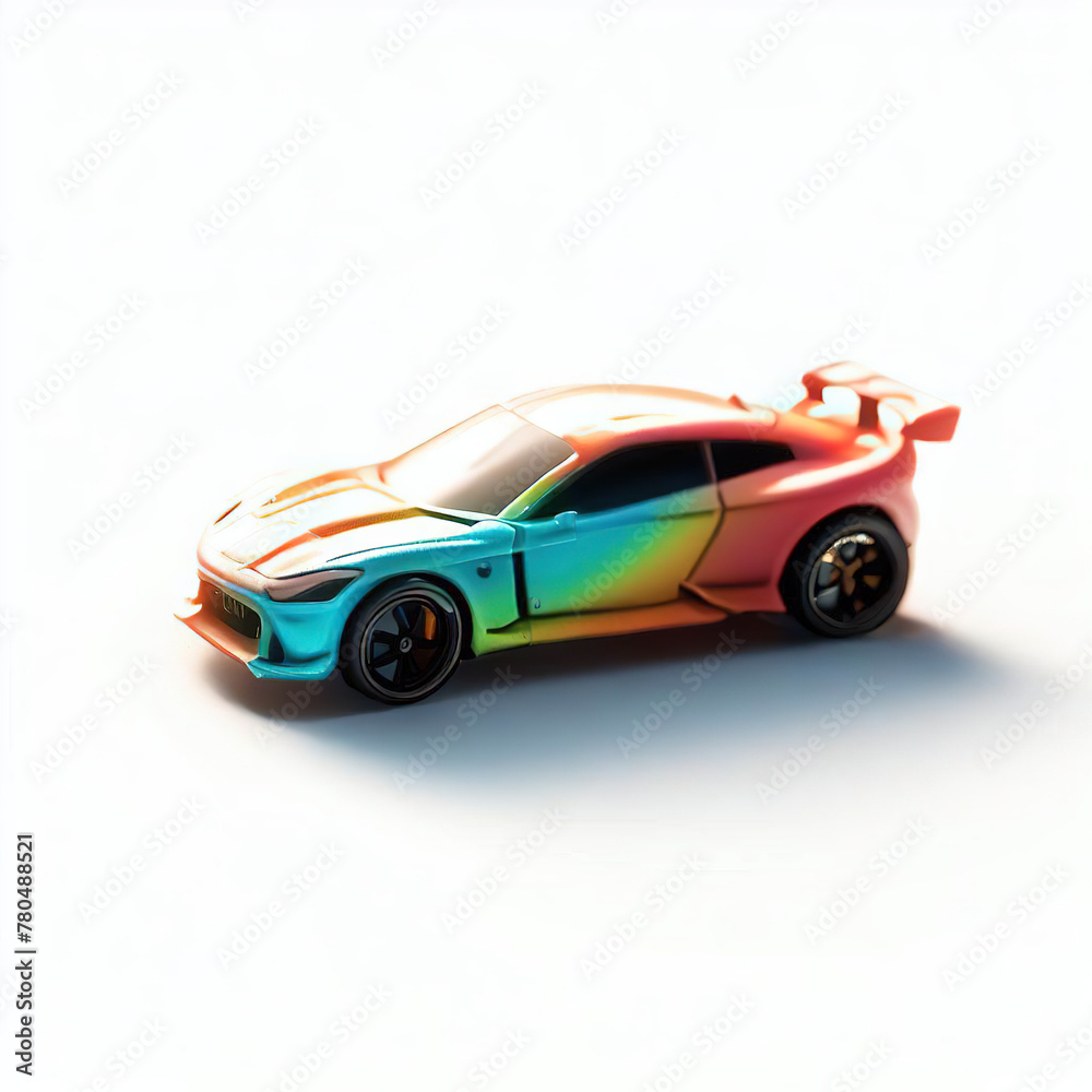 Naklejka premium a classic sport car with bright colors on a white background. shiny automobile with rainbow colors. 3d illustration made with generative AI technology 