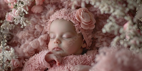 Newborn sleeping girl in pink clothes with flowers. Generative AI © 22_monkeyzzz