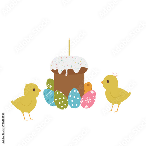 Web  Easter cake with a burning candle, colored eggs and chickens.