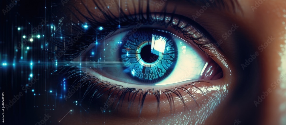 Blue eye with digital display; biometrics and access concept; double exposure.