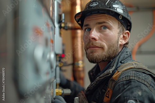 Profile portrait of a man in a construction helmet installing a gas water heater, a plumber installing a heating boiler.