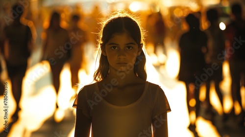 Shadows of Bias: A girl stands amidst shadows cast by a crowd, symbolizing the hidden biases of racism.