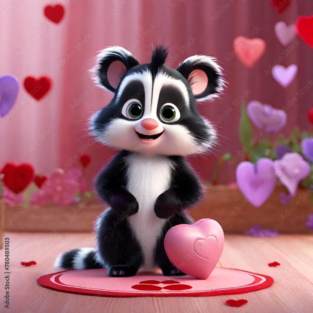 3D cute raccoon with hearts in the background, valentine's day, birthday, nameday, love
