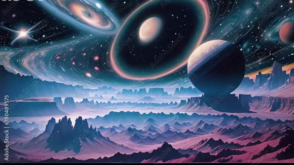 Marble cosmos landscape with planets in purple pink tones animation. Loop abstract Fantasy Landscape Background.High quality 4k footage