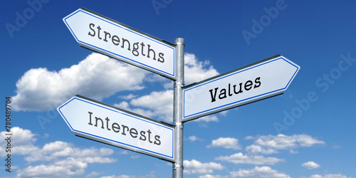 Strengths, values, interests - metal signpost with three arrows