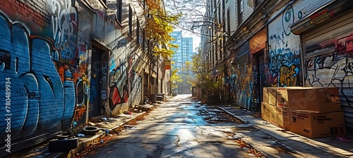 Urban Solitude: Amidst Discarded Boxes and Graffiti, the Flickering Streetlamp Chronicles the Stillness of a Desolate Alleyway, Echoing with the Silence of Urban Life photo