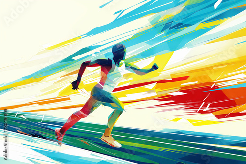 Athletes at summer Olympic games, colorful illustration. Professional runner running sprint at track, sports championship. 