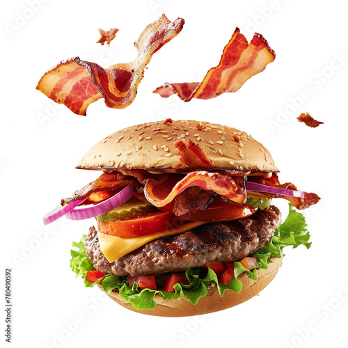 Flying Burger with Bacon isolated on white transparent background, ultra realistic, PNG photo