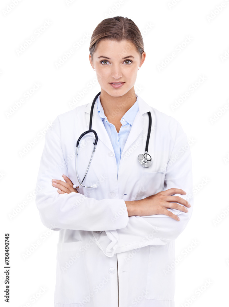 Doctor, woman or arms crossed in studio or portrait with confidence in medical career as cardiologist. Pride, coat or medicine consultant with name tag or healthcare isolated on white background Doctor, woman or arms crossed in studio or portrait with confidence in medical career as cardiologist. Pride, coat or medicine consultant with name tag or healthcare isolated on white background