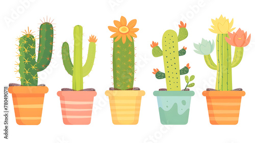 Charming Assortment of Colorful Cacti in Pots Desert Plant Haven in Vibrant Flat Design