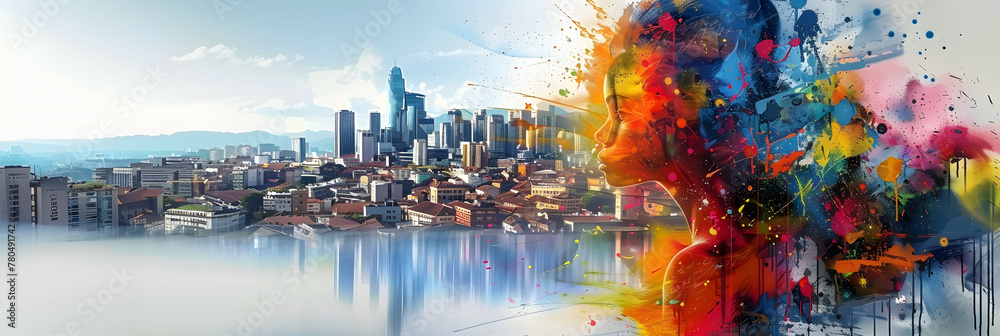 Obraz premium a painting of a cityscape with a lot of colorful paint splatters on the side of the picture and the city in the back ground with buildings in the background.