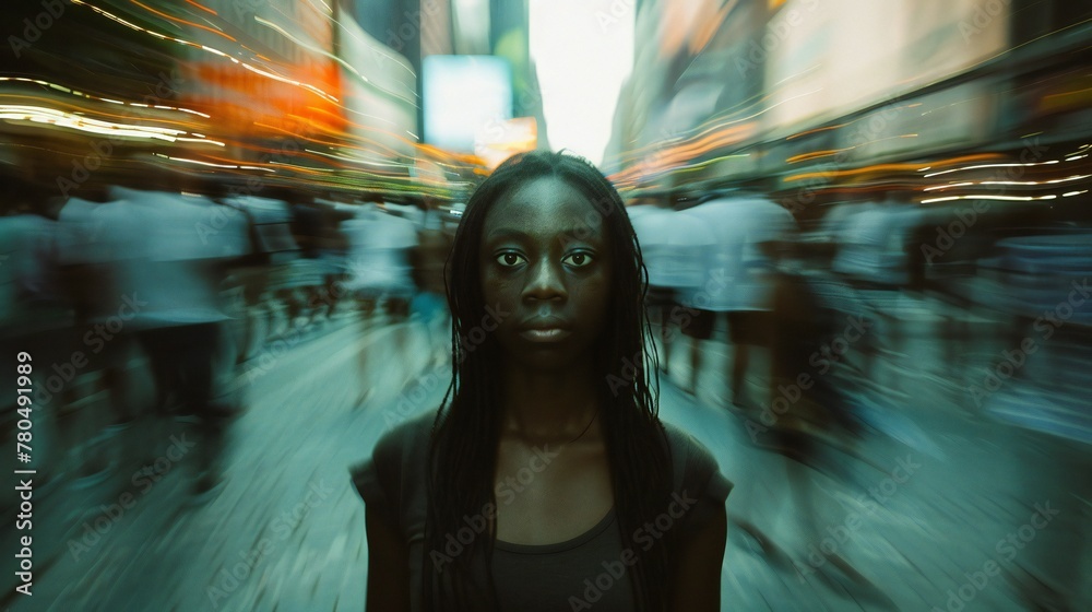 Obraz premium Standing Strong: In the shadow of oppression, a woman stands strong, her presence a beacon of hope for those oppressed by racism.
