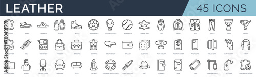 Set of 45 outline icons related to leather goods. Linear icon collection. Editable stroke. Vector illustration