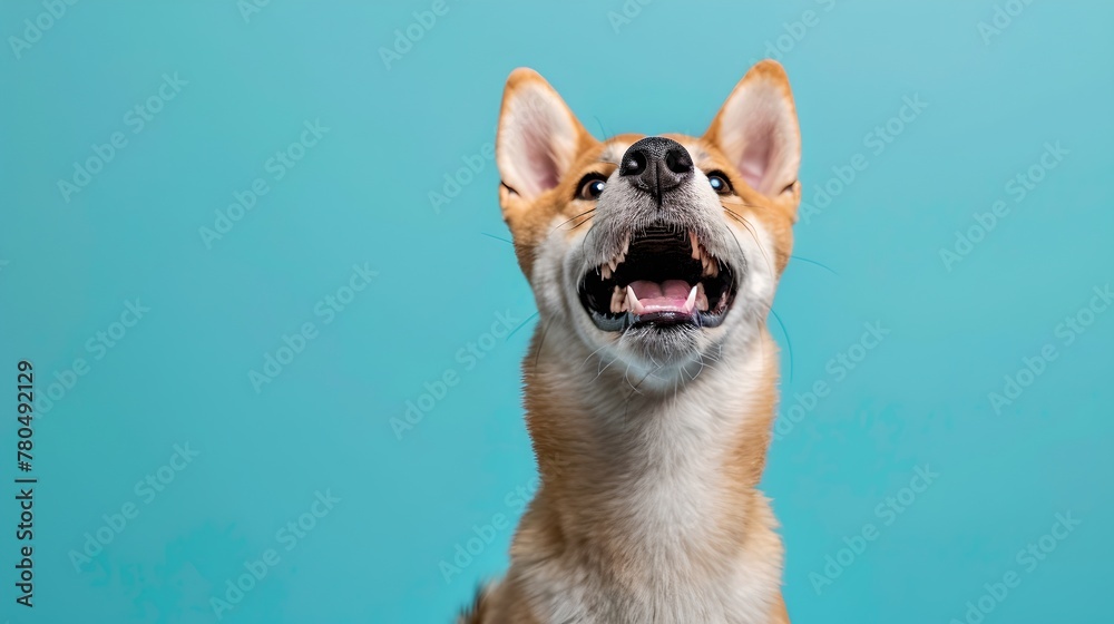 Joyful dog looking up with excitement against a blue background. Vibrant portrait of a playful pet. Perfect for animal themes. AI