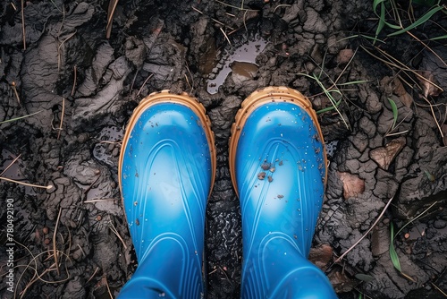 Top view of blue rain boots standing on muddy ground. Soggy soil. Rainy weather. Waterproof shoes. A pair of bright blue rubber boots. Wellingtons. Gardening. Sludge, sleet. Gumboots