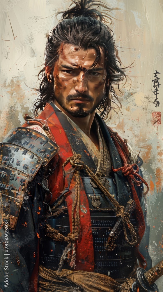 Samurai, standing alone, wielding sword, wearing kabuto